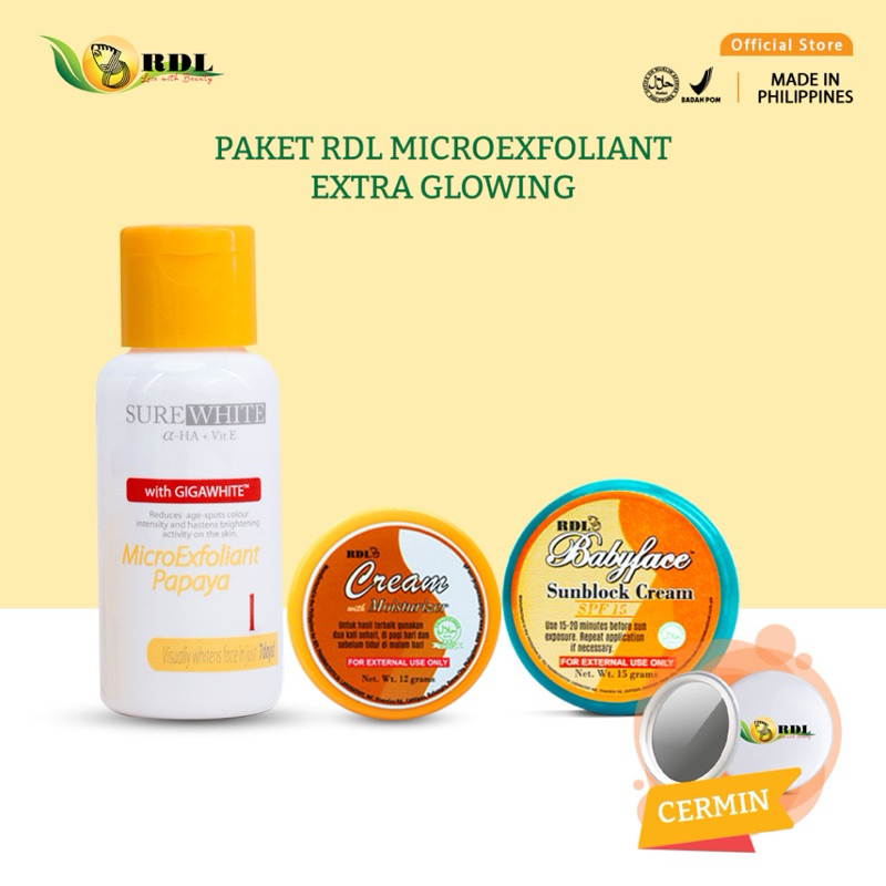 Paket RDL Original Skincare Extra Glowing Toner Surewhite Exfoliant 1 2 3 Sunblock Cream with Moistu
