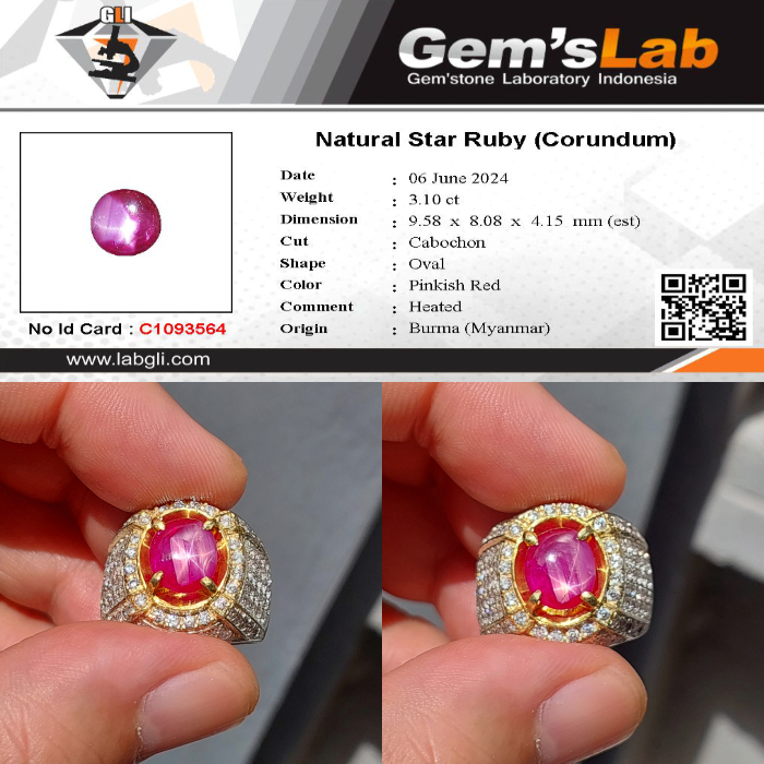 Natural Ruby Star Burma 3,10 Carat Cincin Perak 925 Pria