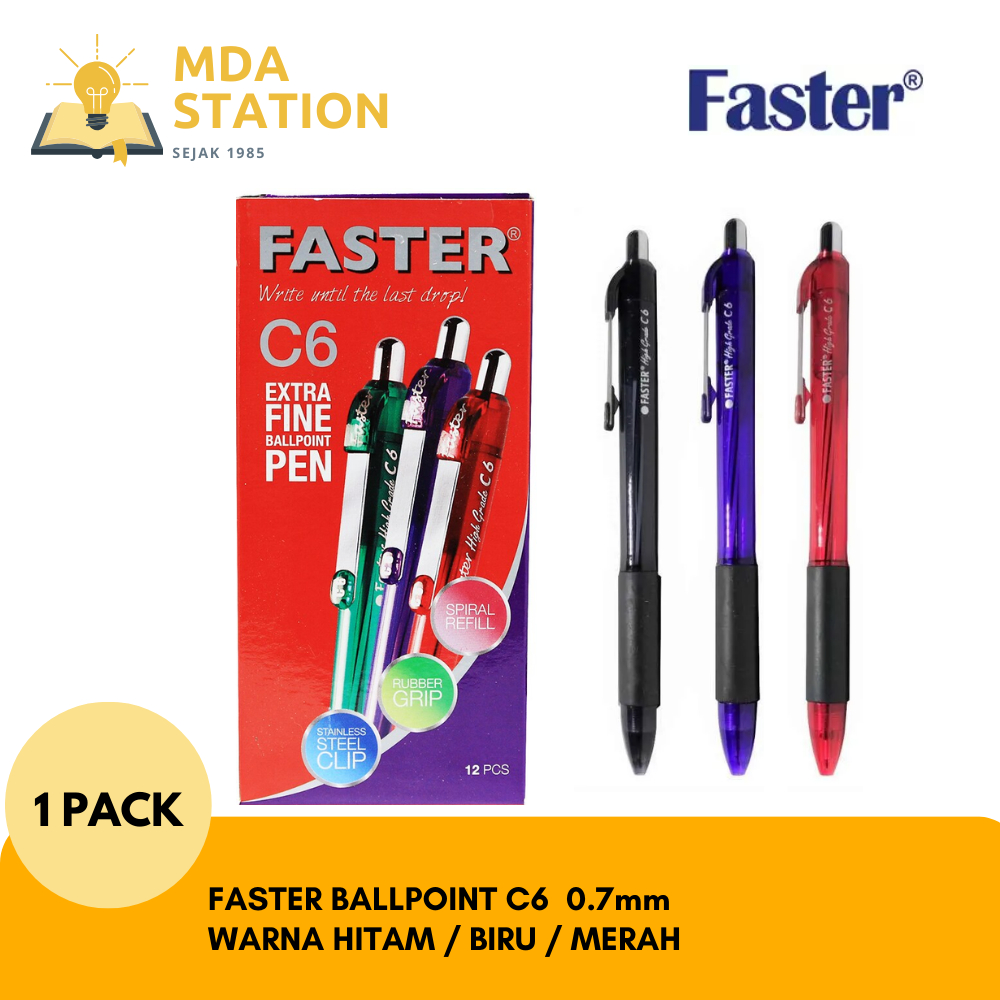 

FASTER Ballpoint Retractable C6 0.7mm Warna Hitam / Biru / Merah (1 PACK ISI 12 PCS) | MDA STATION