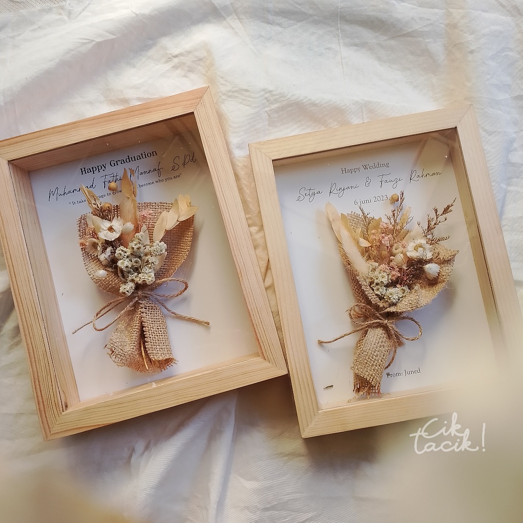 " brown buket " flower in frame 3D uk 6r | frame box | dried flower in frame | kado ultah | kado ann