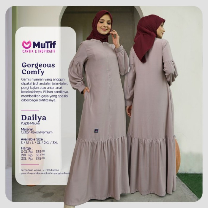 MUTIF Dailya Dress Purple Mauve - Fashion Muslim Pakaian Muslim Wanita Baju Dress Gamis Polos Bahan 