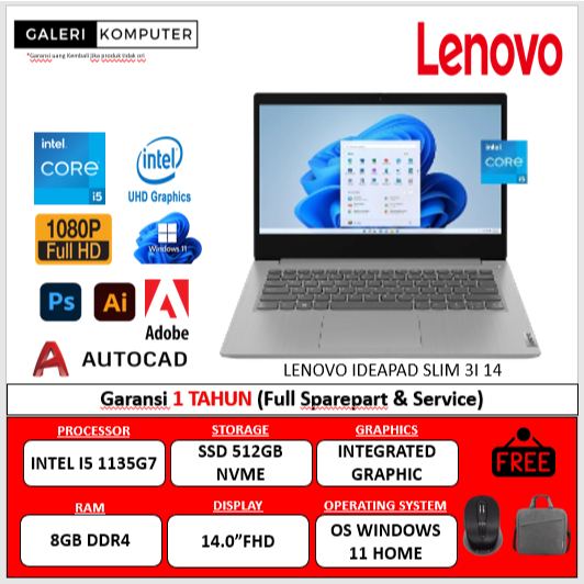 Laptop Lenovo Ideapad Slim 3i 14 Intel i5 1135G7 8GB 512GB Iris Xe FHD IPS Windows 11