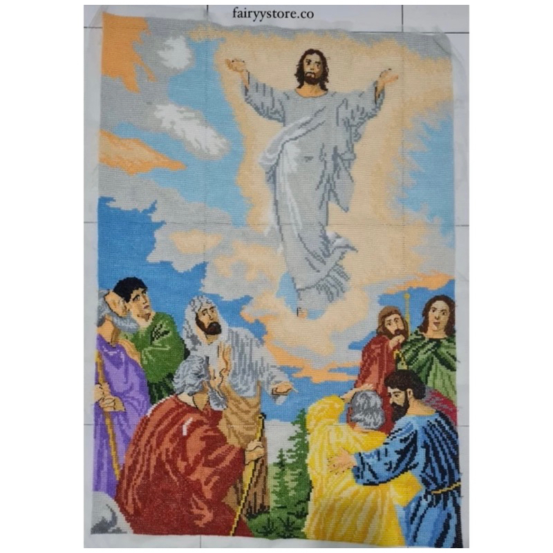 Kristik strimin cross stitch kenaikan Tuhan Yesus naik ke surga hiasan dinding jahitan rohani