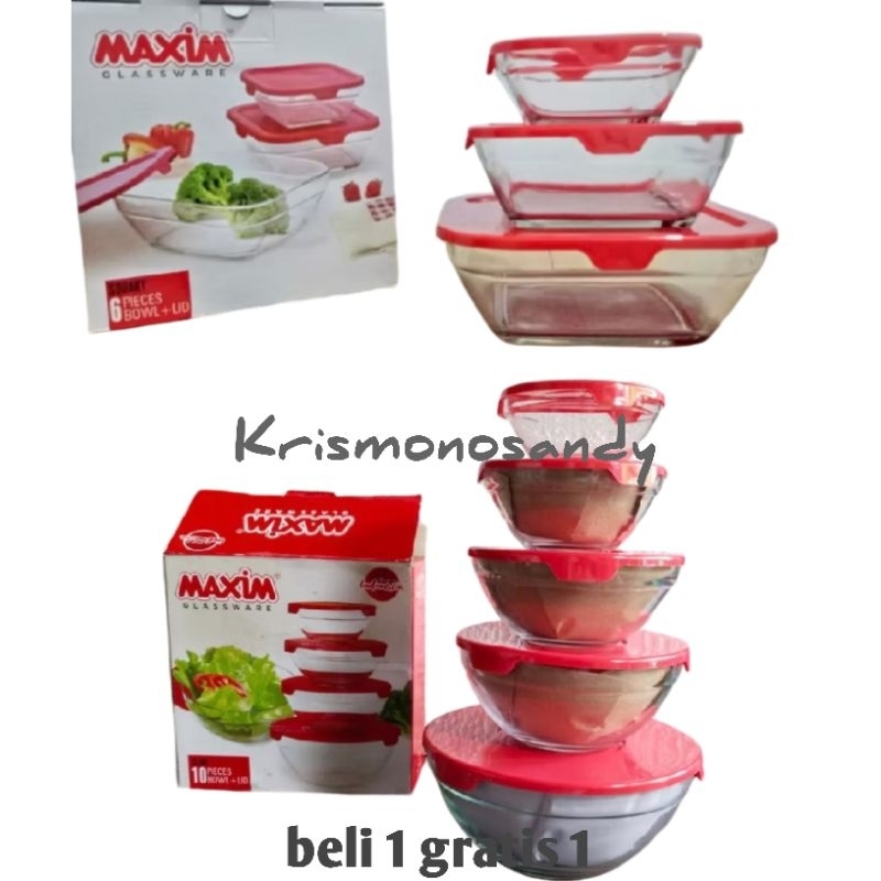Mangkok kaca maxim glassware bowl square + tutup kaca set original mode bulan kotak