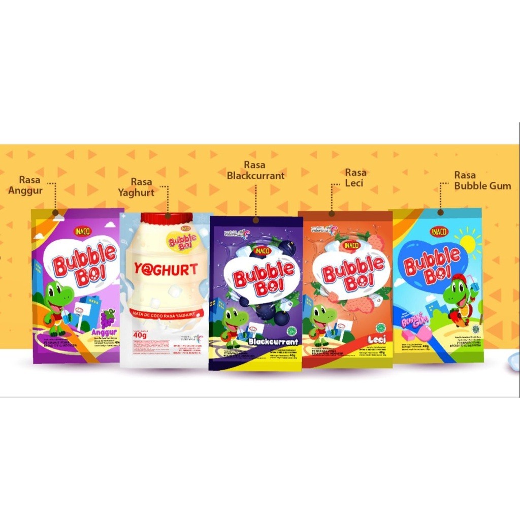 

INACO BUBBLE BOI Yogurt 40gr Nata De Coco Lychee Anggur Bubblegum Blackcurrant All varian Rasa natadecoco nata decoco