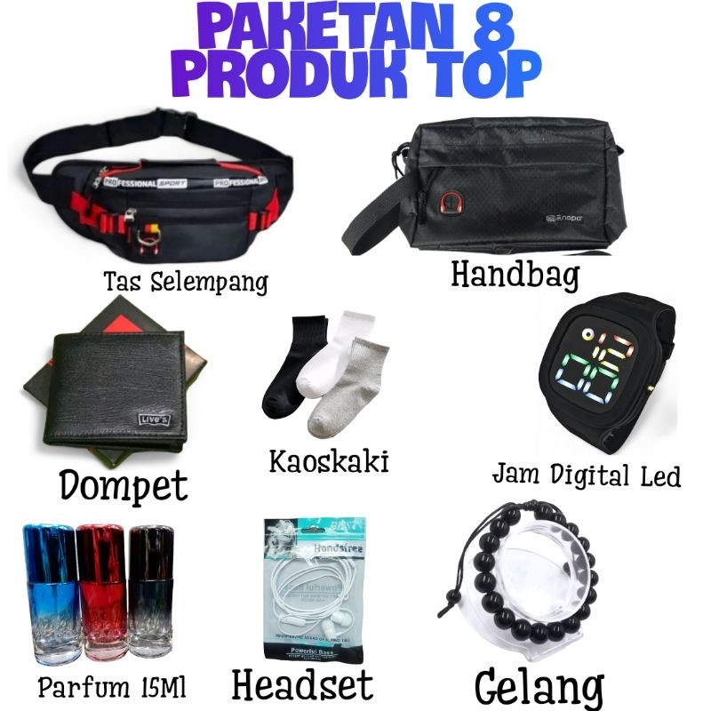 Tas Handbag Tas Selempang Paketan Topi Pria Cowok Bonus 8 in 1 Jam Digital Headset Dompet Gelang