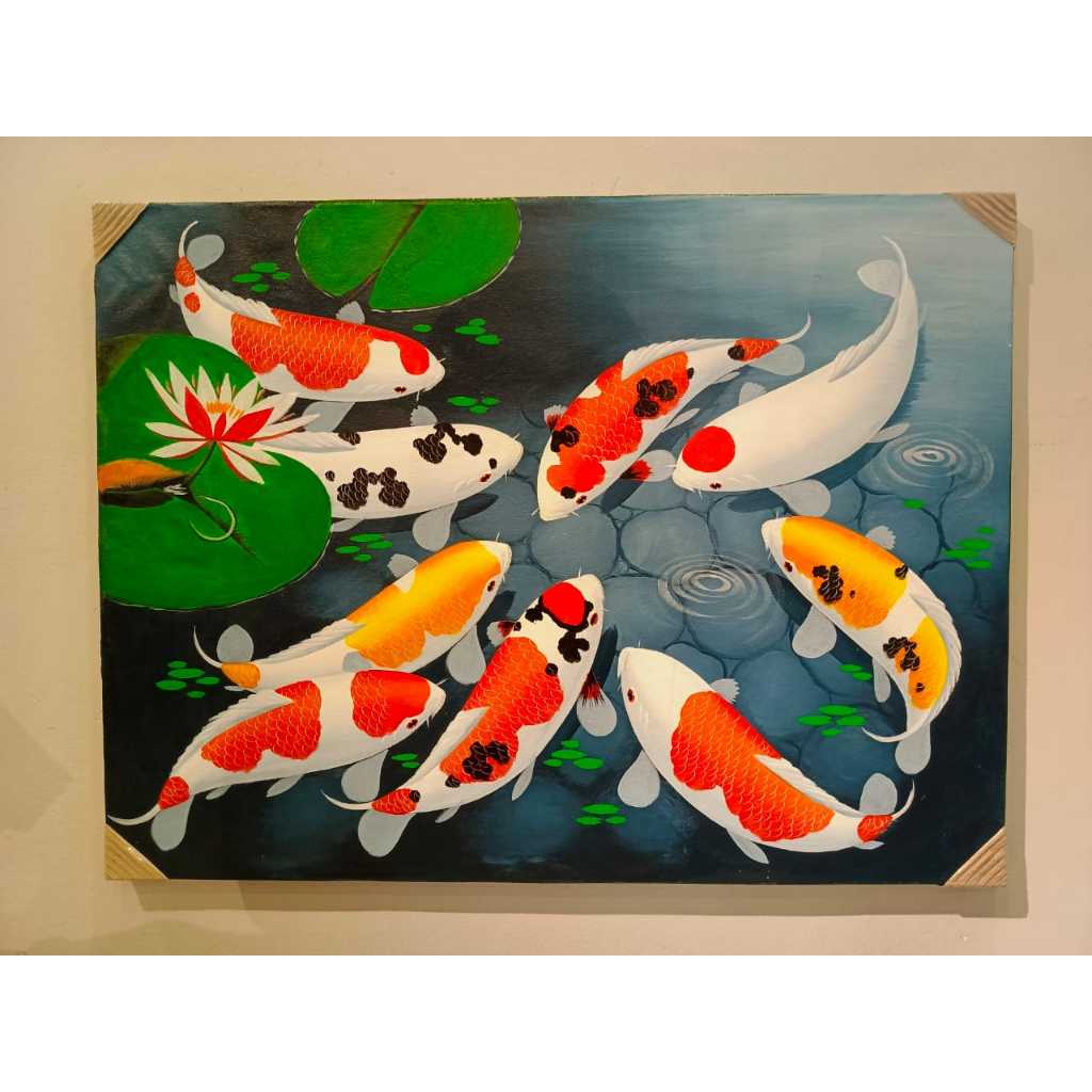 LUKISAN IKAN KOI HIASAN DINDING TERDIRI DARI 9 EKOR KOI UK 80X60CM