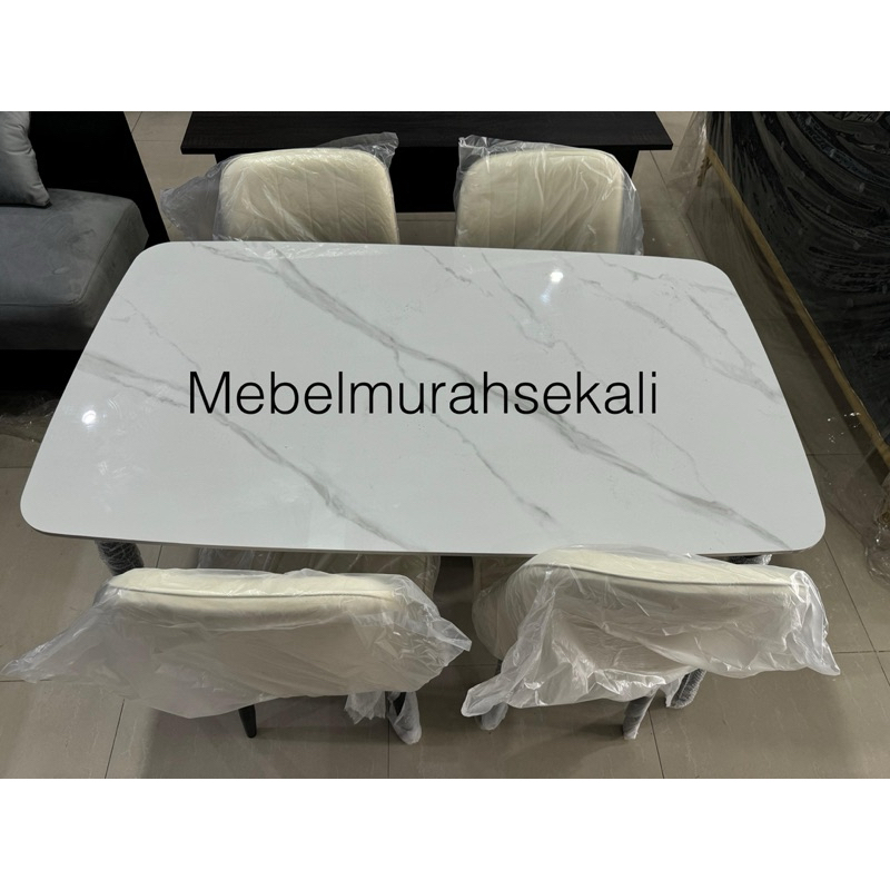 (PROMO) Meja Makan Minimalis Mewah + 4 Kursi (Warna Putih dan Abu)