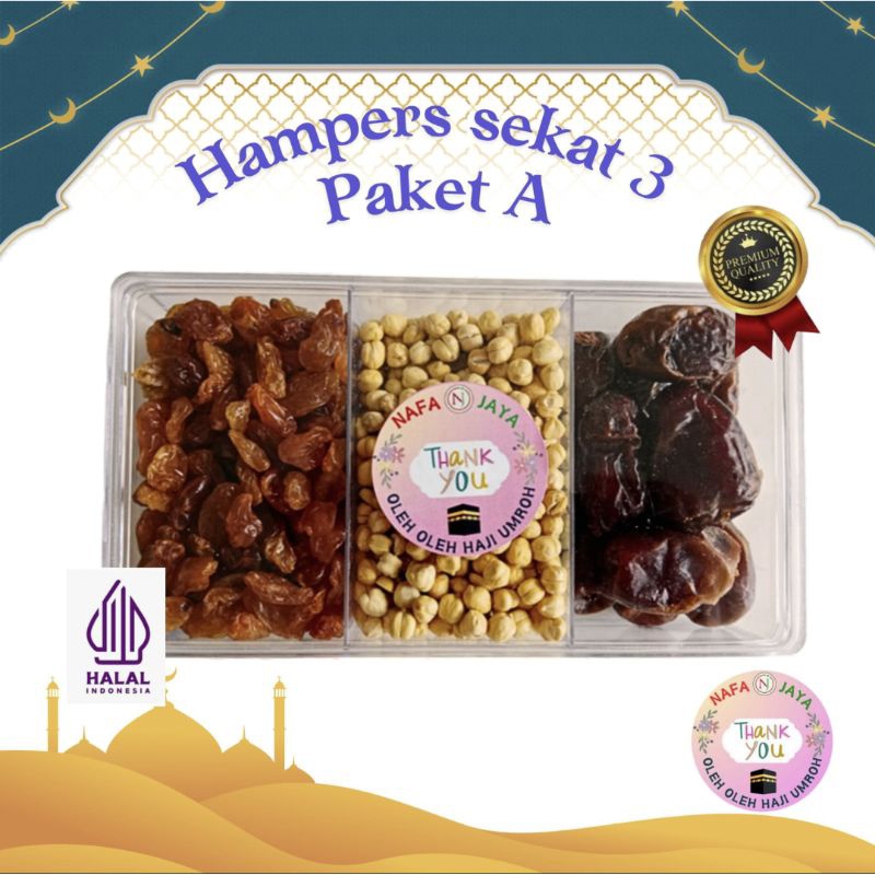 

Hampers Sekat 3 Premium Oleh Oleh Haji Umrah Kurma Coklat Kacang