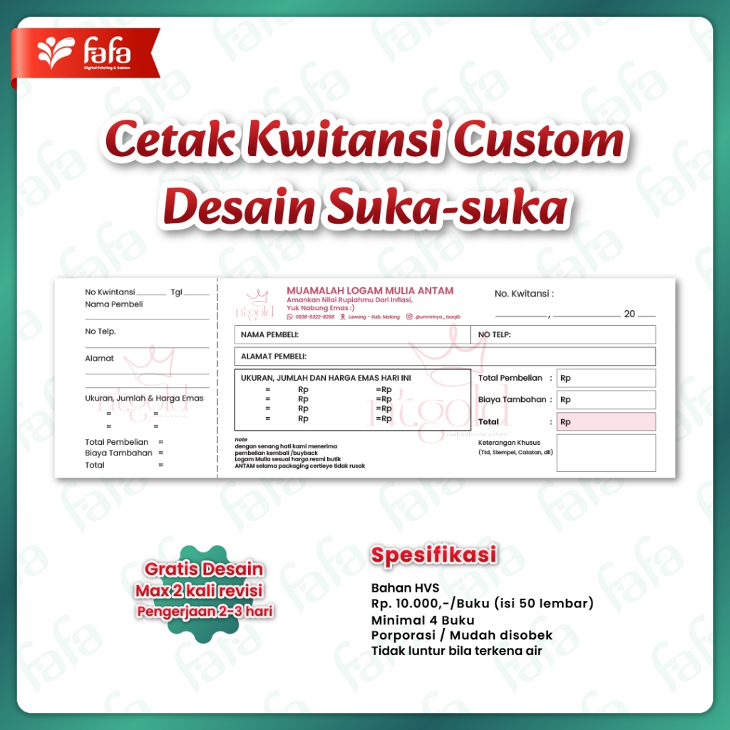 Nota Kwitansi Bon Custom Satuan Full Warna