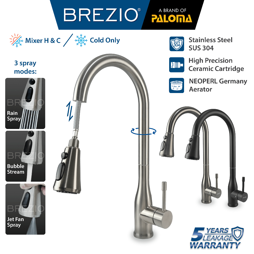 BREZIO Keran Dapur Cuci Piring Fleksibel Tarik Kran Air Sink Flexible Pull Out Down Mixer Panas Ding