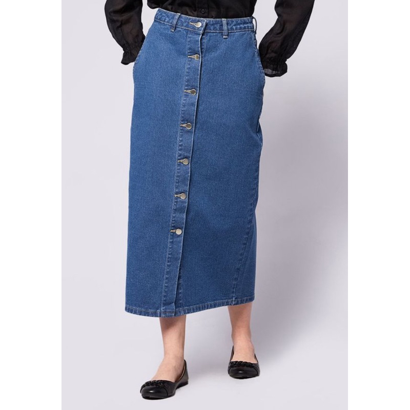Preloved COLORBOX Button Up Midi Denim Skirt Dark Blue
