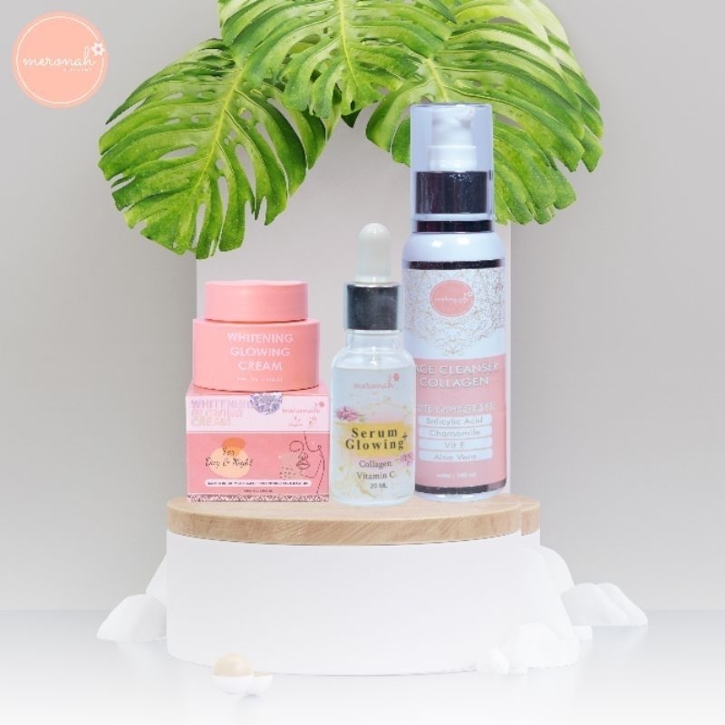 MERONAH PAKET SUPER GLOWING CREAM 2in1 + SERUM GLOWING + FACIAL WASH COLLAGEN PROMOO