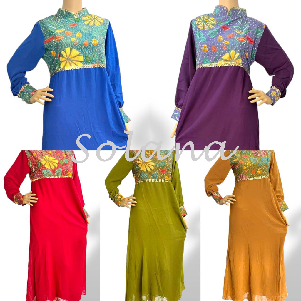 Solana 754804 Gamis Wanita Batik Printing Katun Kombinasi Polos Sifon Hyget Paris - M L XL