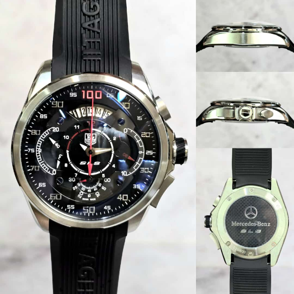 KERATON JAM TANGAN PRIA TAG HEUER GRAND CARRERA SLS MERCEDES BENZ SILVER PLAT HITAM JAPAN QUARTZ MOV