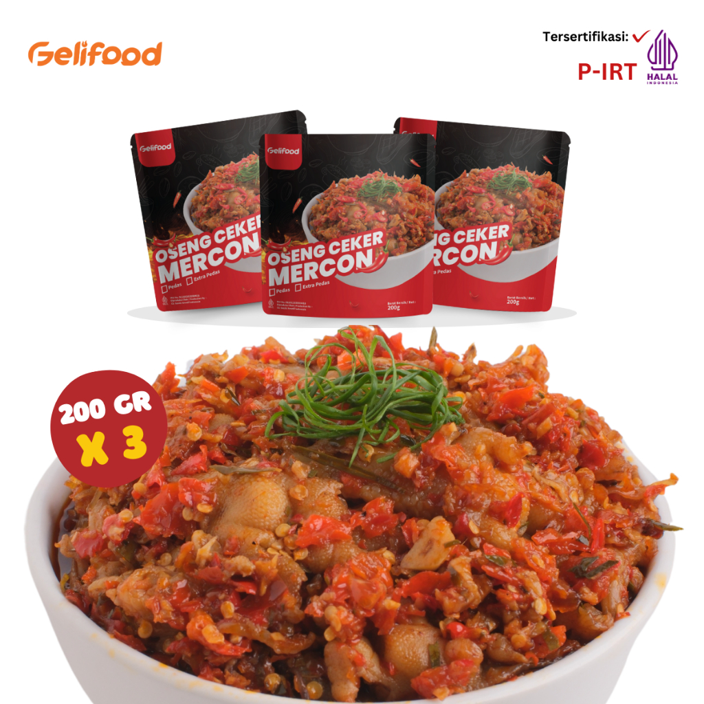 

Geli Food - Paket Kombo 3 Pack Series Oseng Ceker Mercon Tanpa Tulang Pedas Daun Jeruk (3x200gr)