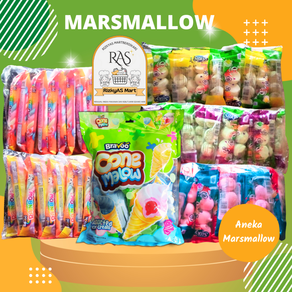 

Permen Marsmallow Bravoo Cone Ice Cream Malow isi 20 pcs/Silkys Marsmallow Rainbow Isi 20 pcs/Silkys Marsmallow Minipao Isi 20 pcs