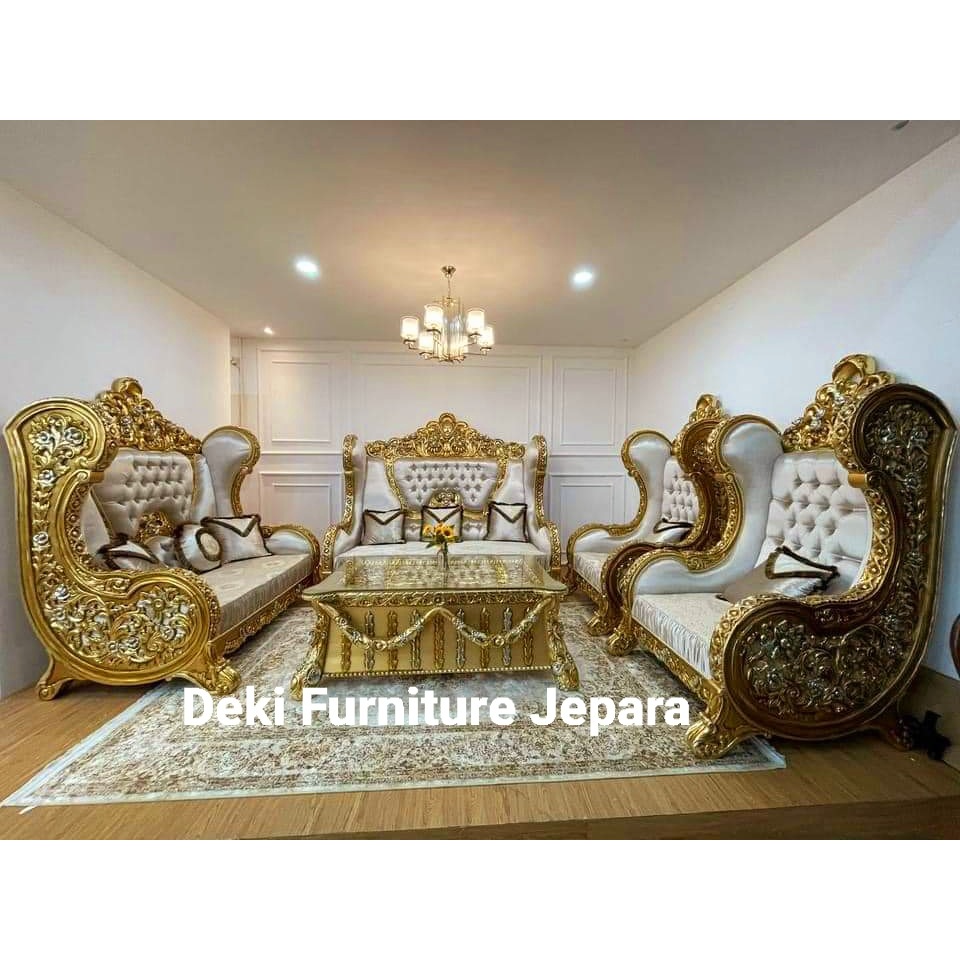 Sofa Ruang Tamu Mewah Jati Elegan 1 Set Kursi Tamu Jati Modern Ukir Jepara Model 2024 Sultan Raja
