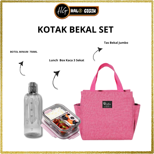 Kotak Makan Set 3in1 Lunch Box Kaca Kotak Makan Dengan Tas Bekal Jumbo