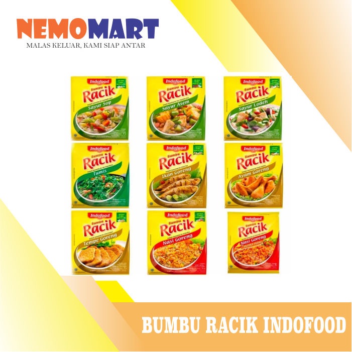 

BUMBU RACIK INDOFOOD AYAM GORENG NASI GORENG SAYUR SOP IKAN GORENG TUMIS SAYUR ASEM TEMPE GORENG SAYUR LODEH INSTAN INSTANT