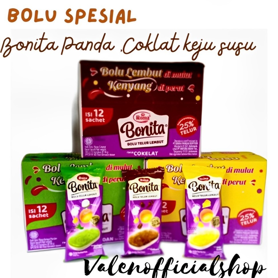 

ROMA BONITA BOLU LEMBUT TELUR 1 BOX ISI (12 pcs x 30gr ) & 1 DUS ISI ( 6 Box Mix Rasa ) BONITA BOLU LEMBUT