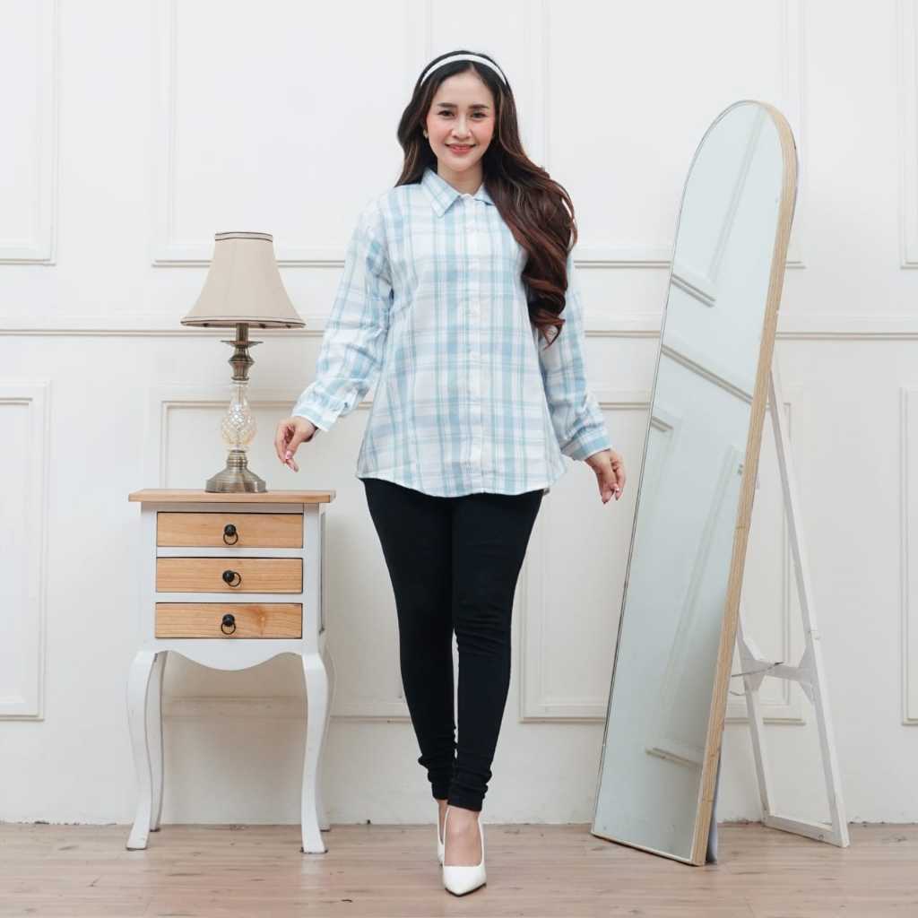 G-BEST Kemeja Flanel Wanita Kotak kotak Atasan Cewek Pakaian Kerja Women Top Hangout