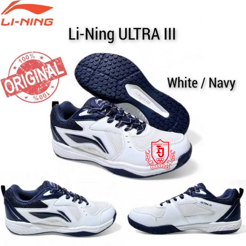 Sepatu Badminton Lining Ultra III 3 White Navy Original