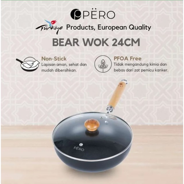 [New Arrival] Pero Bear Wok Pan Iron Black with Lid 20cm 24cm / Wok Pan Wajan Penggorengan Deep Fryi