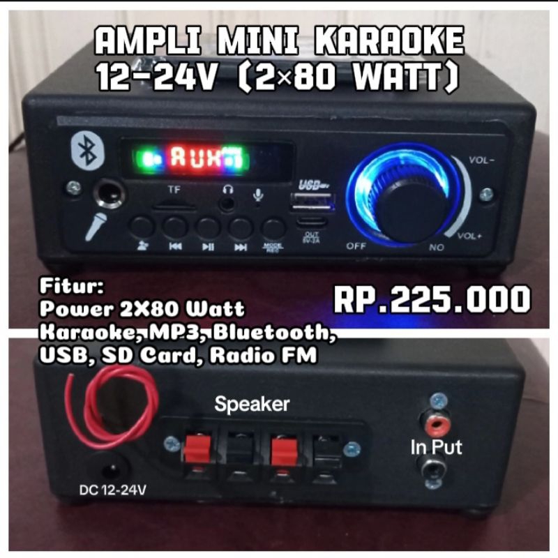 AMPLI MINI 12-24V (2×80 Watt) MP3,Bluetooth,USB,KARAOKE