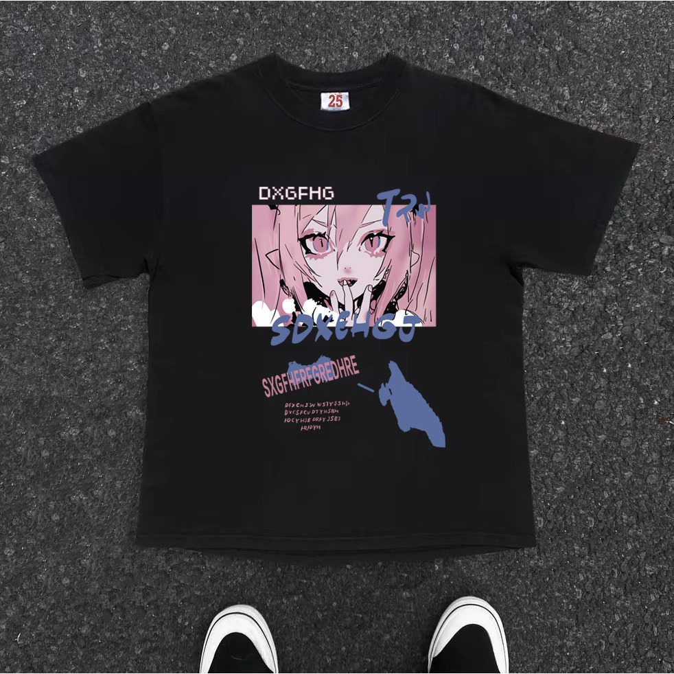 BOOMBAP Korea Style T-shirt Oversize Japanese Cartoon girl | Kaos Wanita Hitam | Kaos pria dan wanit