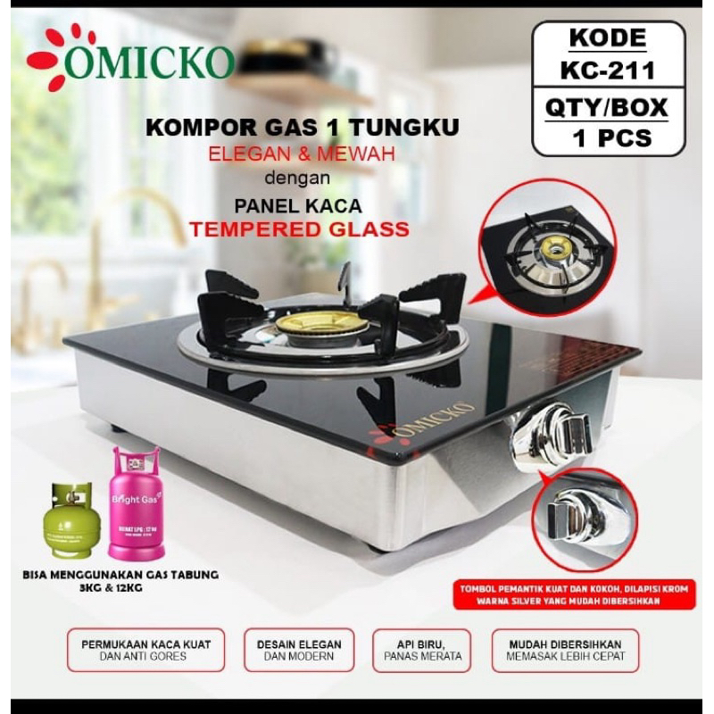 DLX - KOMPOR GAS 1 TUNGKU OMICKO KOMPOR TANAM KACA