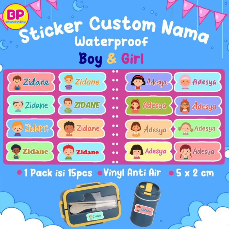 

Stiker Nama Waterproof Cewek Cowok, Label Nama Girl Boy tumbler, kotak pensil, Print and Cut Karakter