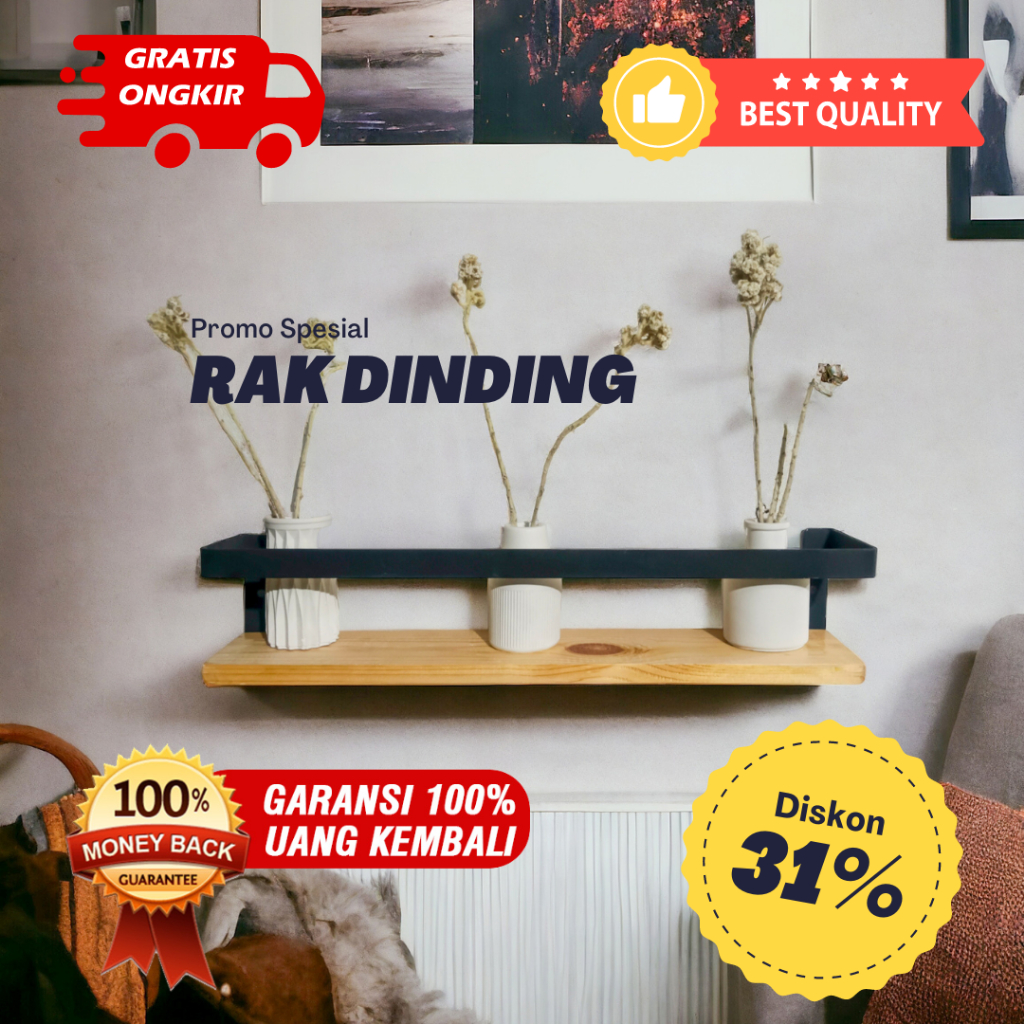 Rak dinding tempel kayu besi minimalis estetik tempat bumbu barang dekorasi