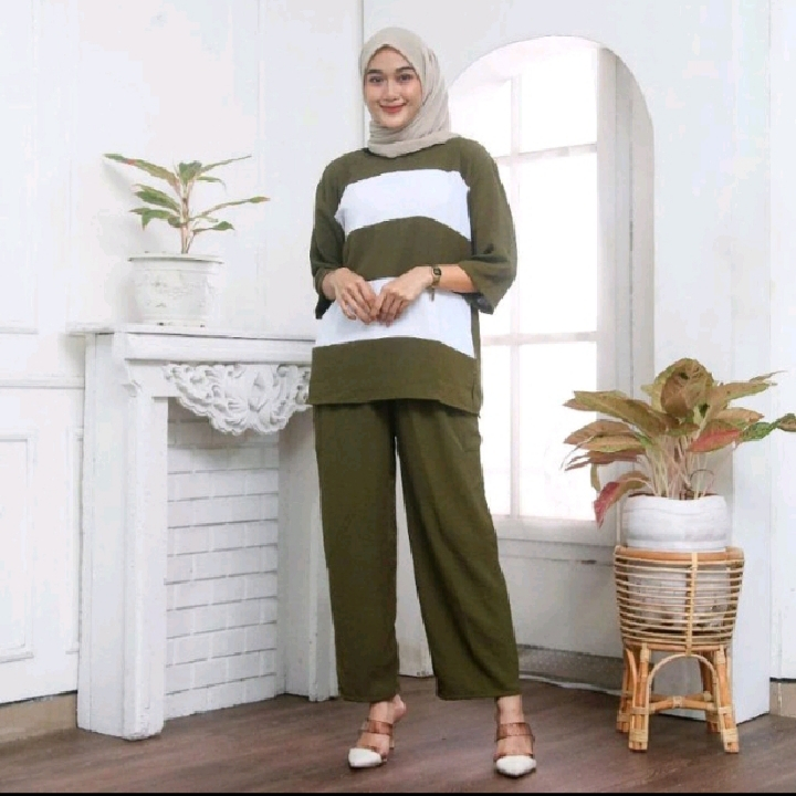 SET WANITA KOMBINASI SALUR CARGO BAHAN CRINKEL SET WANITA DEWASA/JUMBO { BAJU & CELANA CARGO }