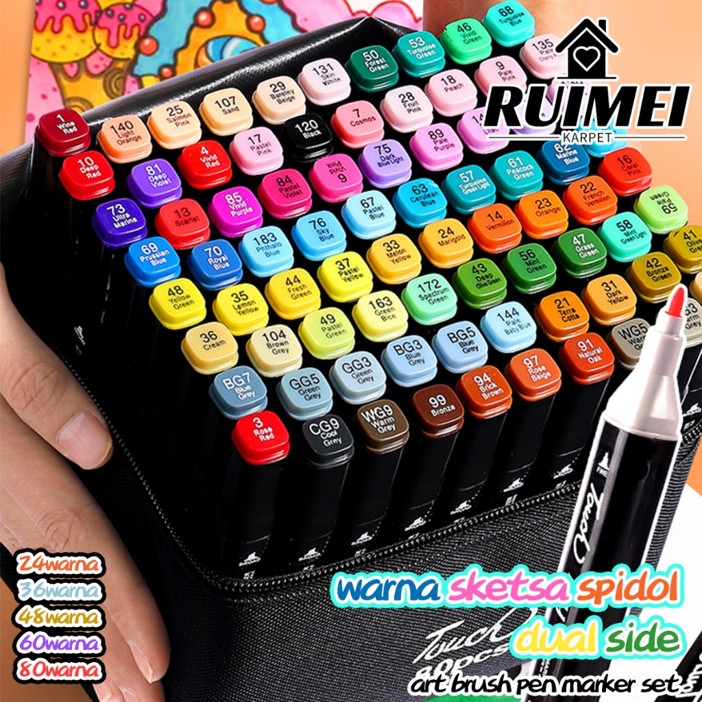 

RUIMEI Spidol Stabilo Touch 24/36/48/60/80 Warna Dual Side Fine Art Brush Pen Sketsa Animation Markers Twin Market Set Spidol