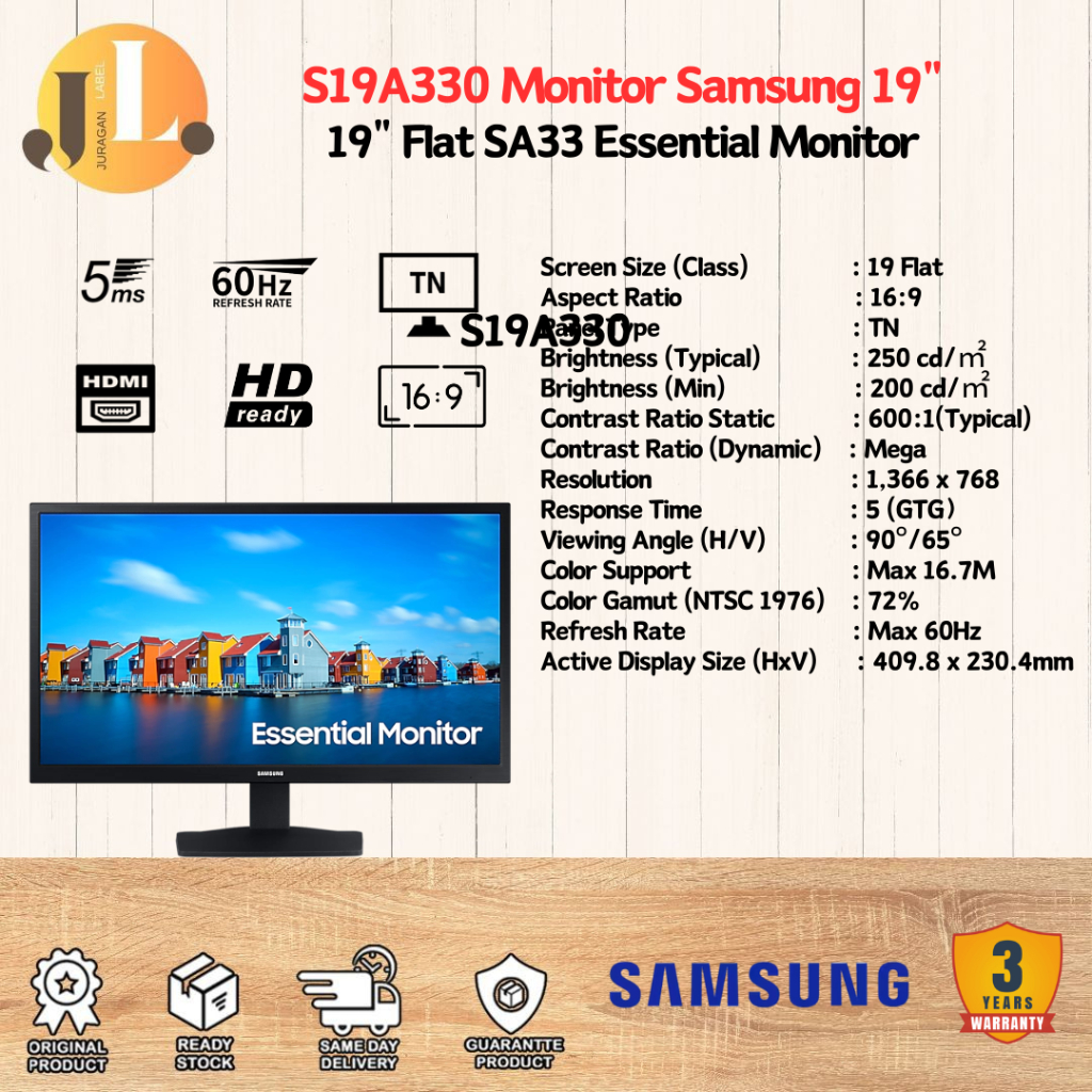 Monitor SAMSUNG 19" Inch S19A330 SA33 Essential HDMI 60hz Garansi Resmi