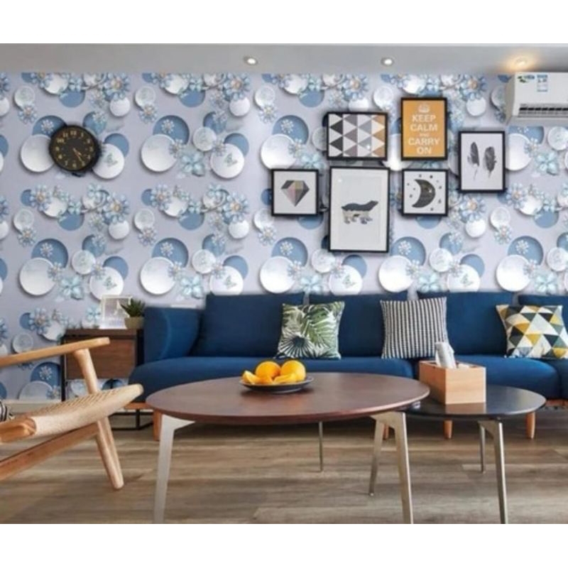 Wallpaper Sticker Dinding POLKADOT BUNGA BIRU 3D