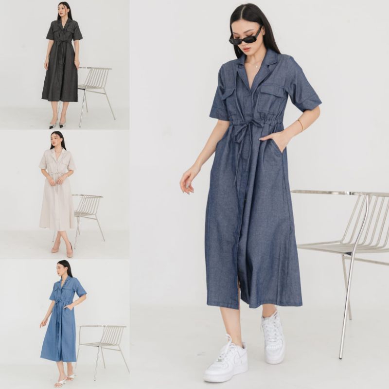 June Maxi Dress Linen Wanita Busui Friendly Lengan Pendek Tali Serut