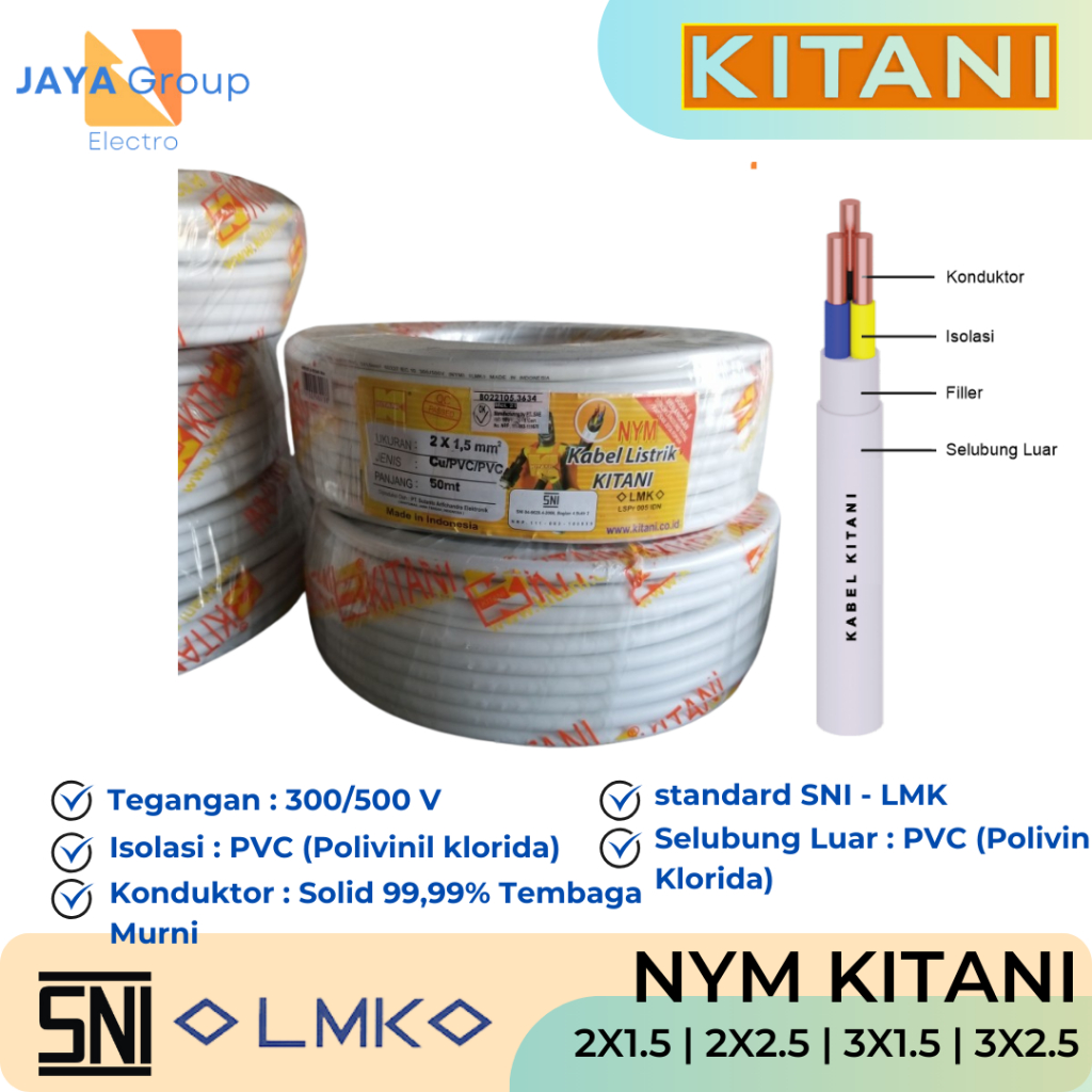 KABEL LISTRIK TEMBAGA NYM KAWAT TEMBAGA BAGUS MERK KITANI ECERAN SNI TAHAN API