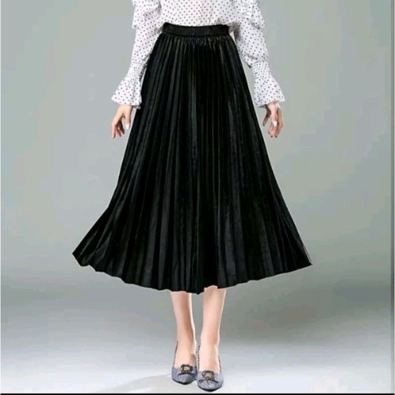 Rok Plisket Velvet Bludru Import / Rok Plisket Bludru Premium Pendek 7/8