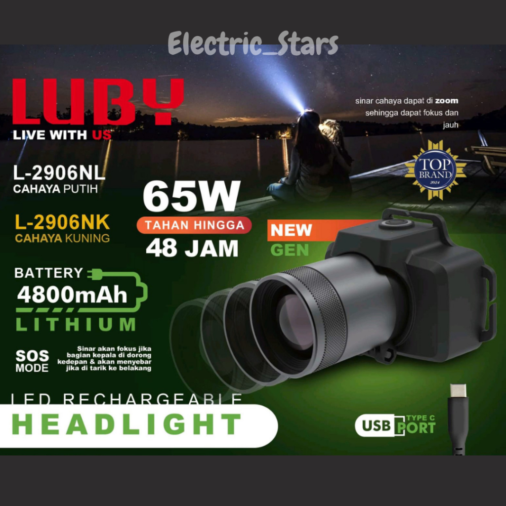 Luby Headlamp Zoom 65 Watt L2906 Cahaya Putih / Kuning
