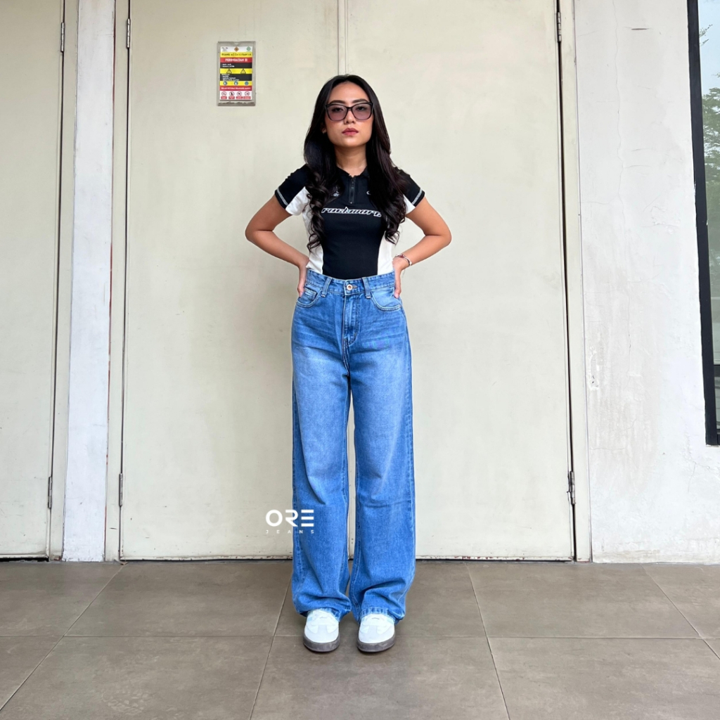 ORE - Celana Kulot HP217S Jeans Highwaist Wash Non Strech Medium blue/ Size 27-34