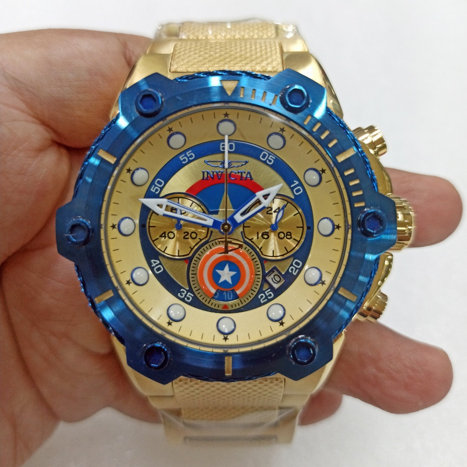Jam Tangan Pria Big Size INVICTA Marvel Captain America 25780 Chronograph Blue Emas Steel Limited Ed
