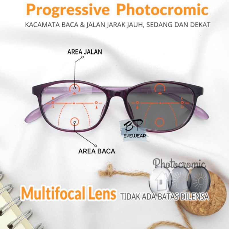 Kacamata Baca Progresif (PHOTOCROMIC ) Pria/wanita | Kacamata Double Fokus Baca dan Jalan Photocromi