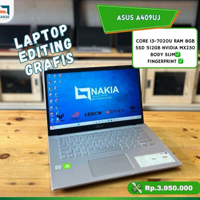 ASUS A409UJ  CORE I3-7020U RAM 8GB SSD 512GB NVIDIA MX230 BODY SLIM✅ FINGERPRINT