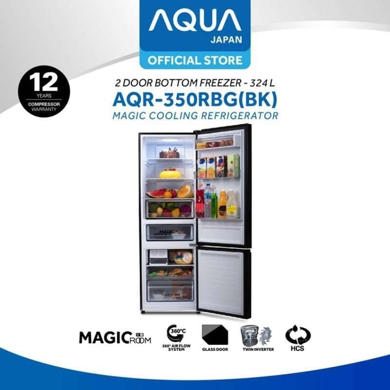 KULKAS AQUA 2 PINTU BOTTOM FREEZER/ FREEZER BAWAH AQR-350RBG(BK) 324LITER-PINTU KACA UNTUK KOTA CIRE