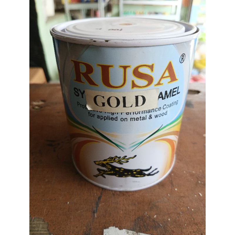 Cat kaleng warna gold / emas merk RUSA netto 0.9L cat untuk besi, kayu dan tembok