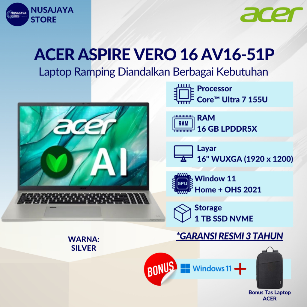 ACER Aspire Vero 16 AV16-51P Ultra 7-155U 16GB 1TB 16" WUXGA sRGB 100% W11 OHS