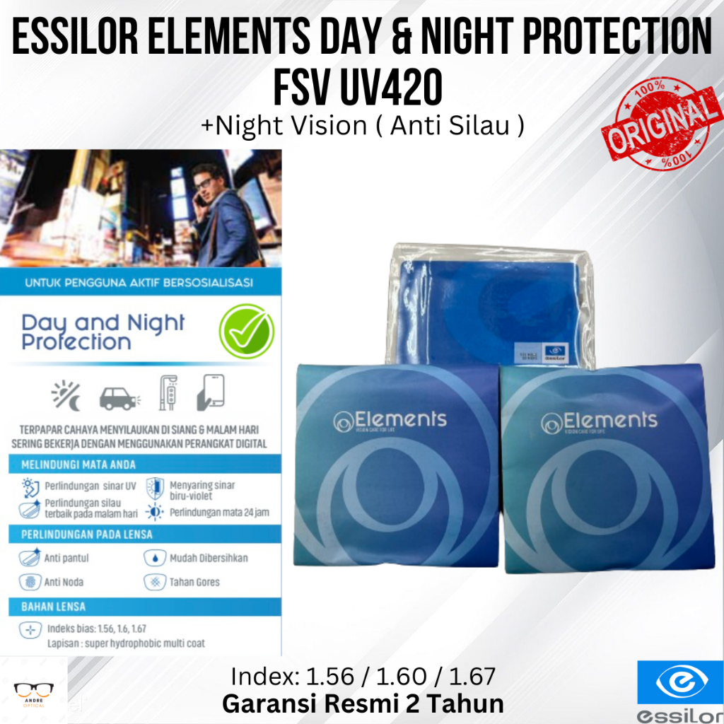 Lensa Kacamata Blue Ray + Drive Essilor Elements Day & Night Protection FSV 1.56 + Night Vision