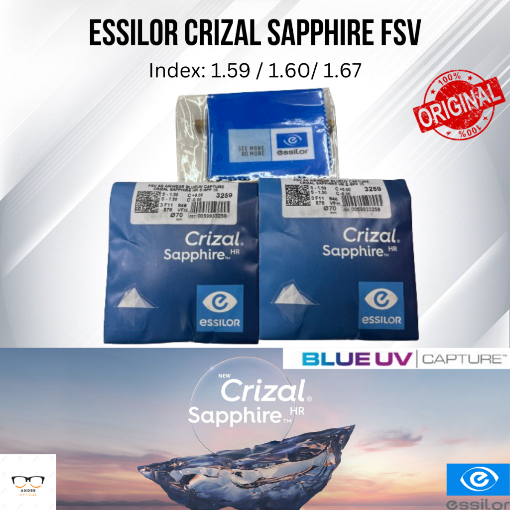 Lensa Kacamata Blueray Essilor Crizal Sapphire HR Blue UV Capture FSV Stylis 1.67